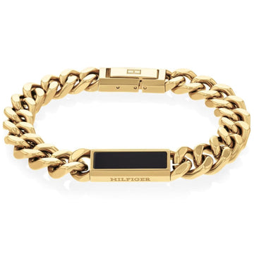 Ανδρικό βραχιόλι ατσάλινο Tommy Hilfiger 2790539 σε χρυσό χρώμα και χρυσή αγκράφα και μαύρη πέτρα.